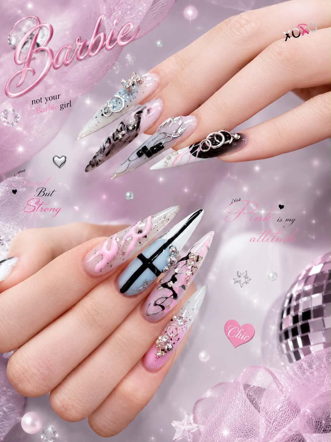 Pink and black Barbie-inspired nail design