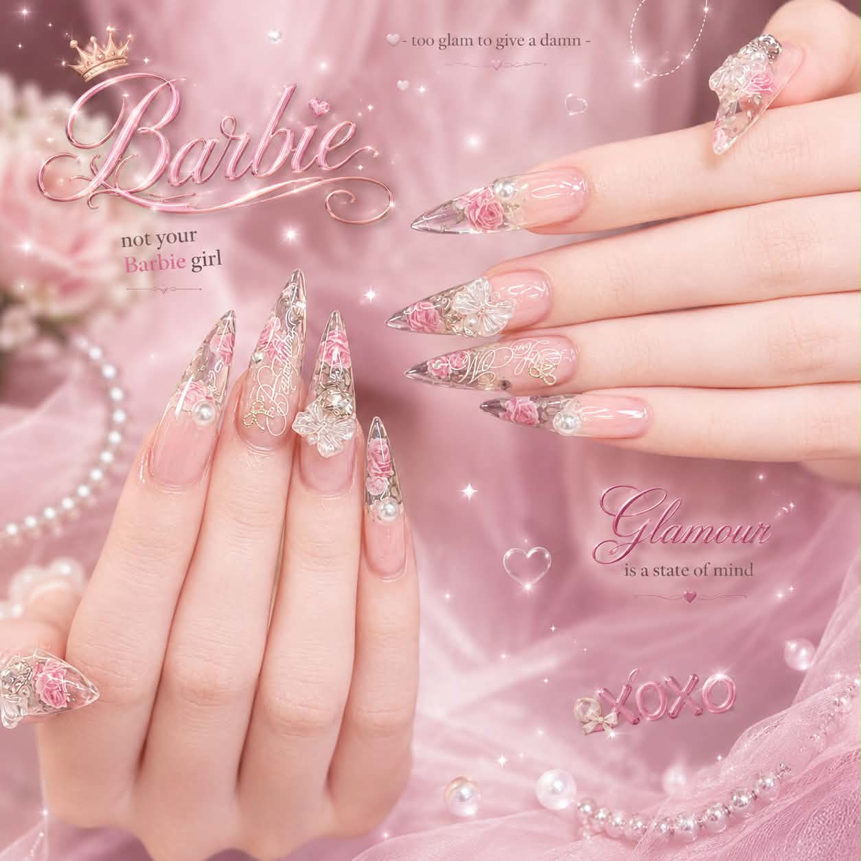 Pink crystal long nail design
