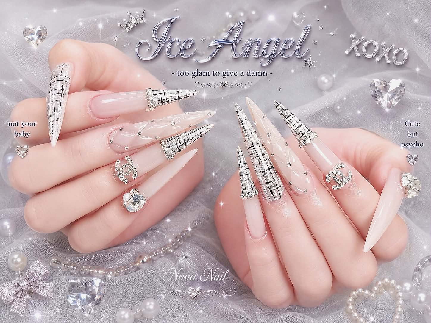 Silver crystal long nail design