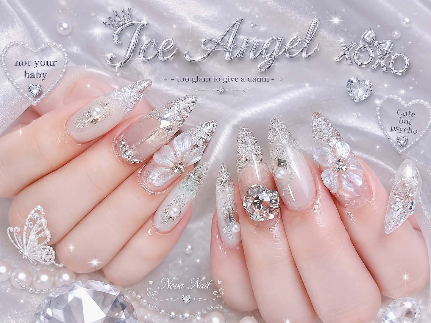Crystal butterfly long nail design