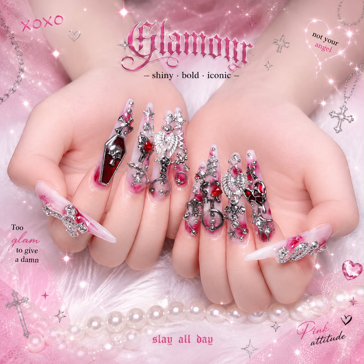 Pink glamour long nail design