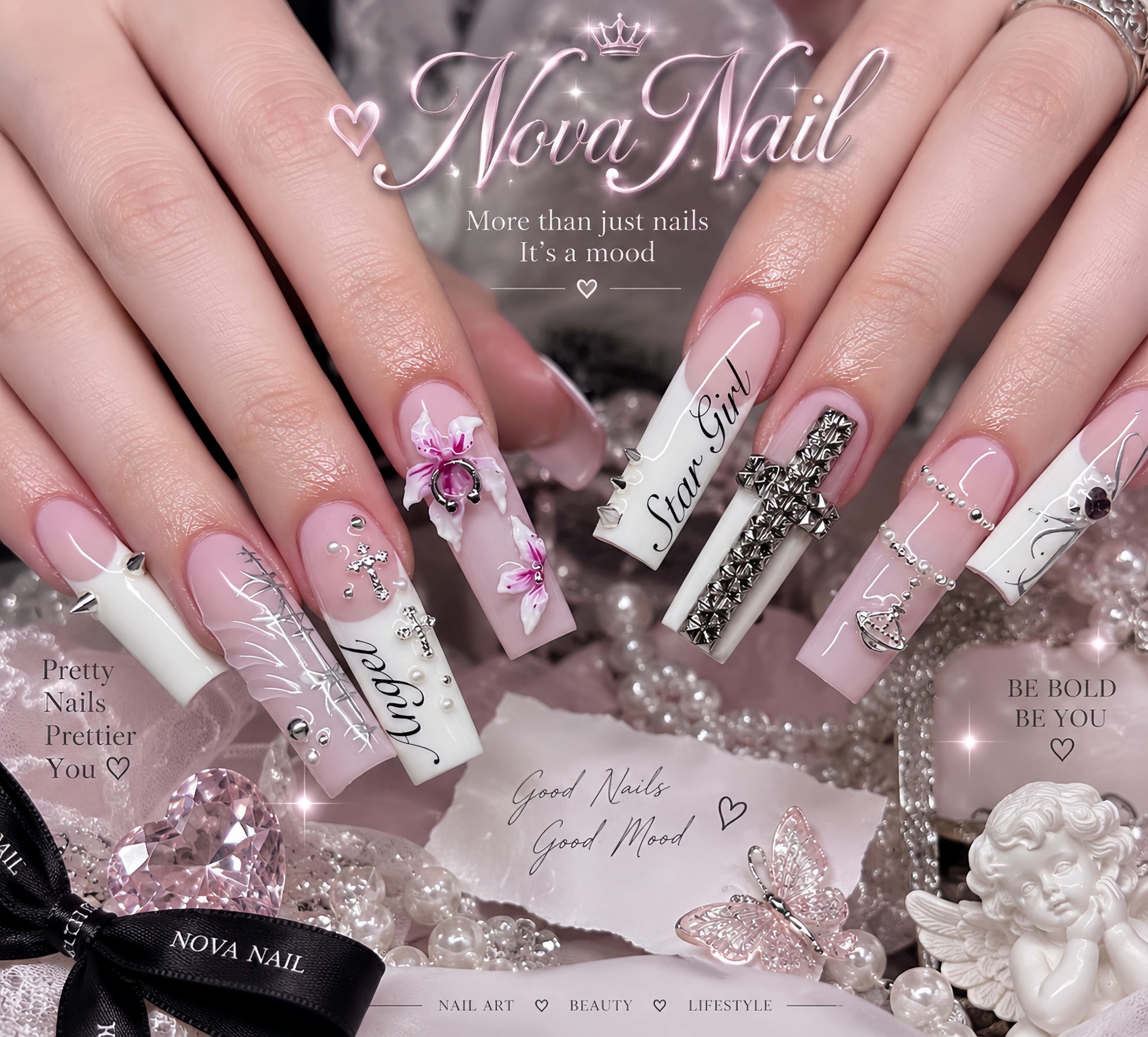 Nova Nail pink and white cross design