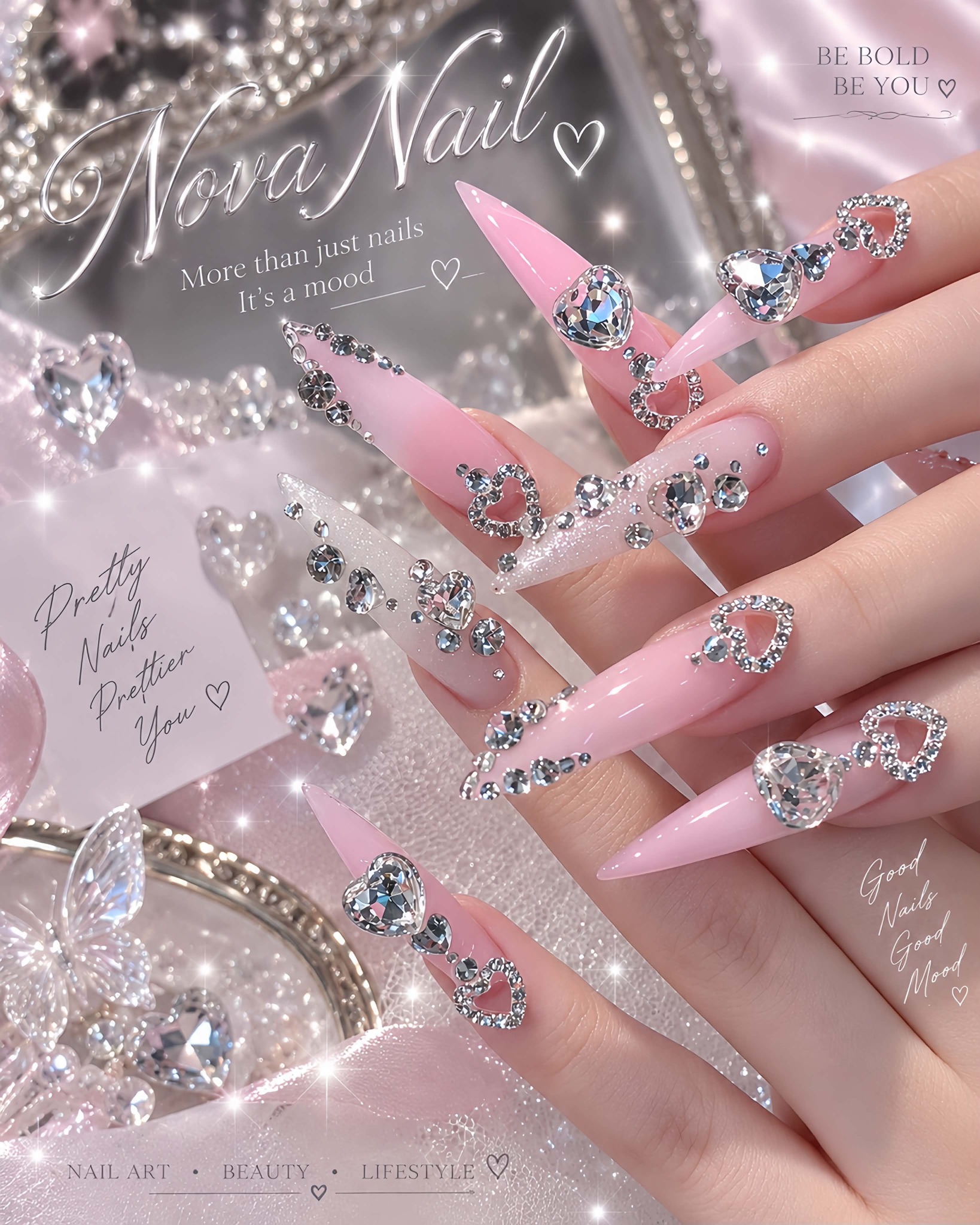 Nova Nail pink crystal heart design