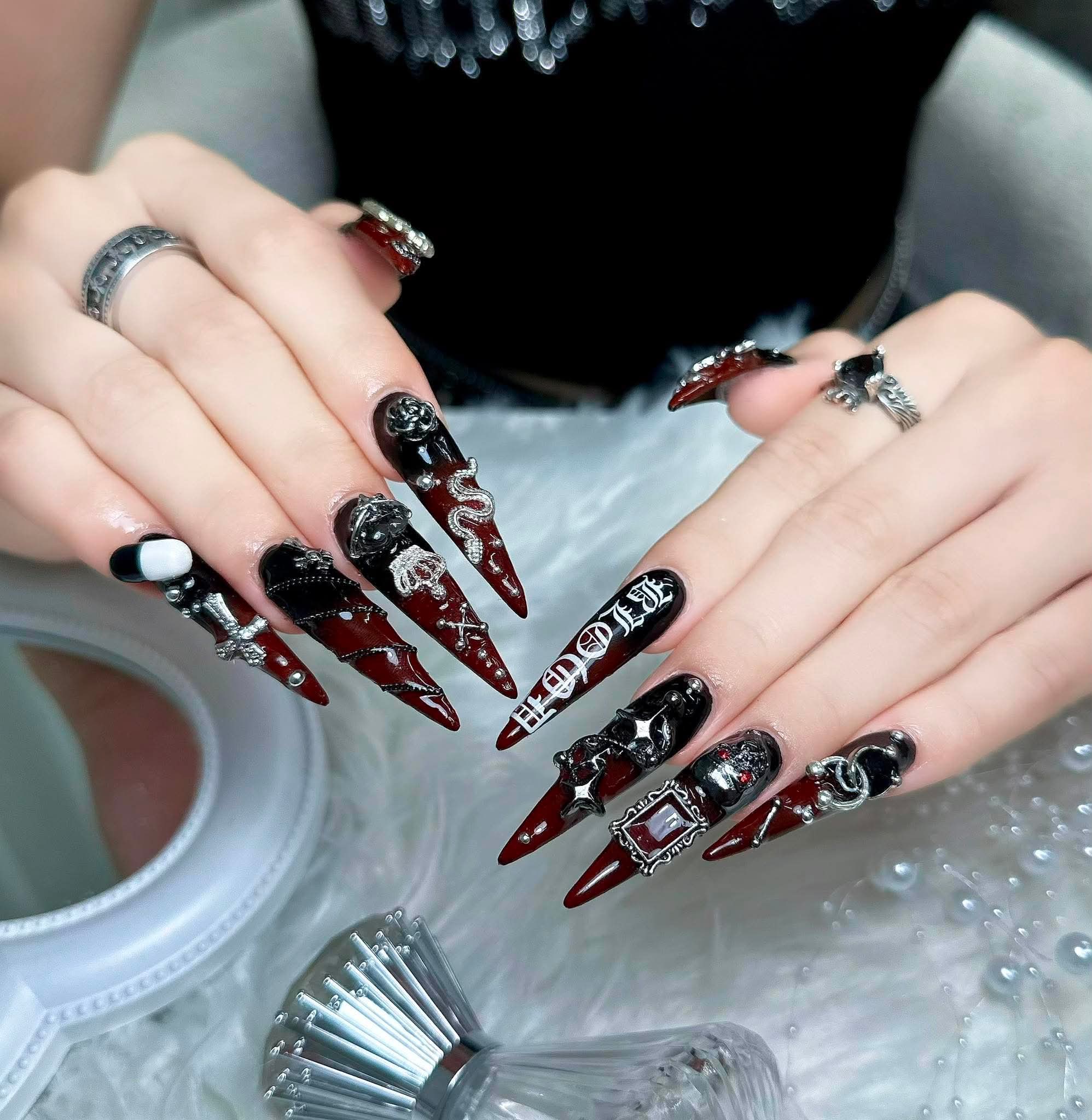 Black and red custom gothic nail design